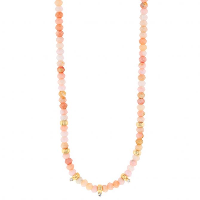Zoe Chicco Pink Opal Rondelle Bead Necklace in Yellow Gold with Diamond Stations, 18"