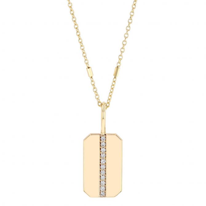 Zoe Chicco Yellow Gold Square Edge Dog Tag Pendant with Diamond Line, 16"
