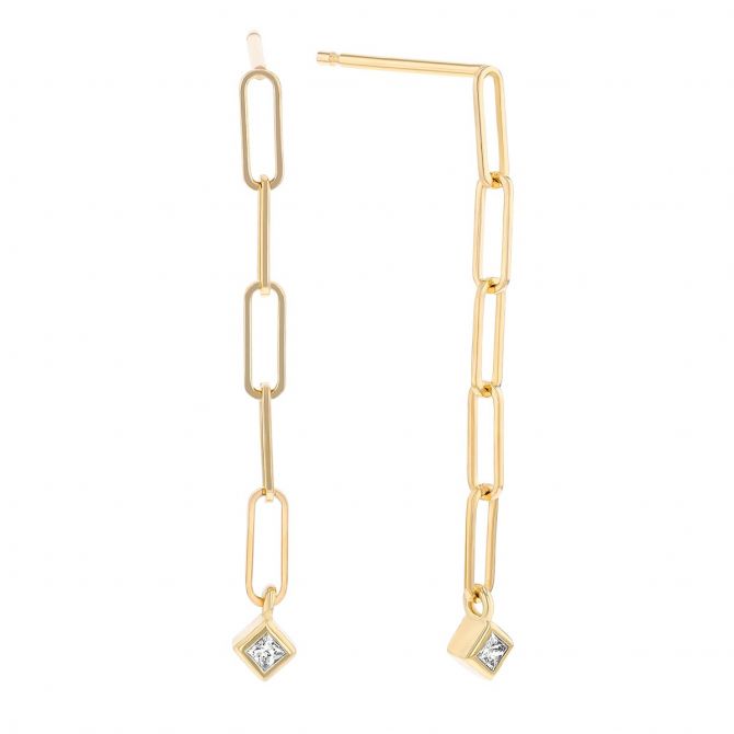 Zoe Chicco Princess Cut Diamond Bezel Paperclip Chain Dangle Earrings in Yellow Gold