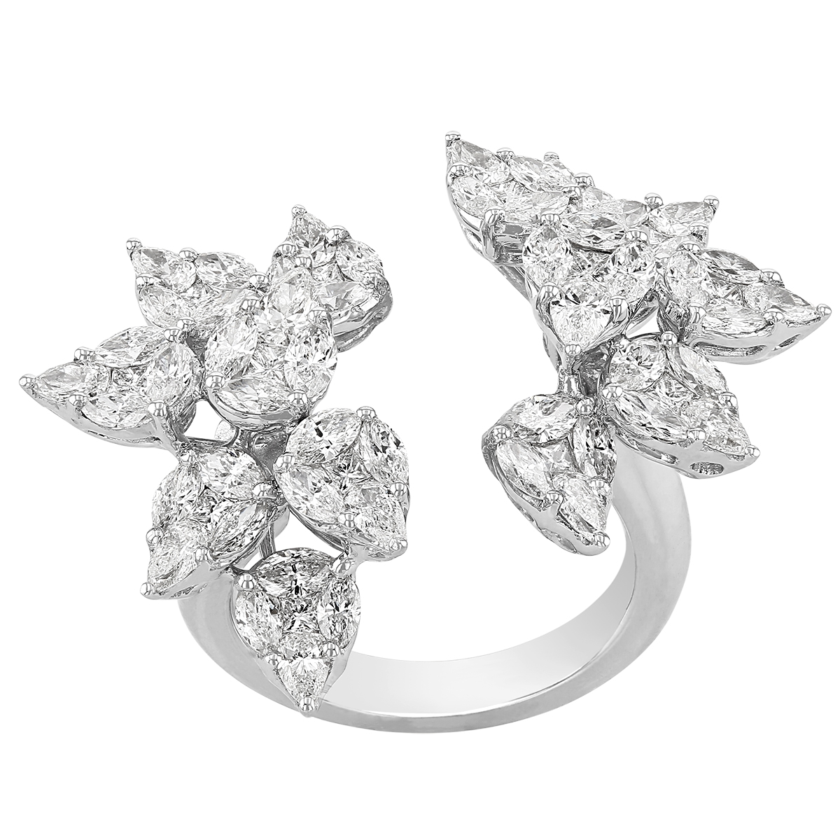 Mixed Shaped Diamond Floral Cluster Hug Ring in White Gold