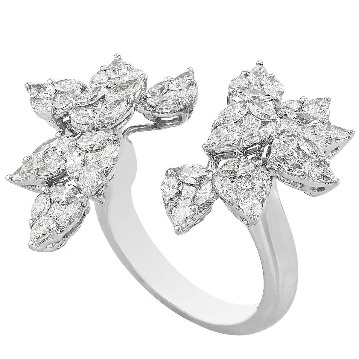 Mixed Shaped Diamond Floral Cluster Hug Ring in White Gold