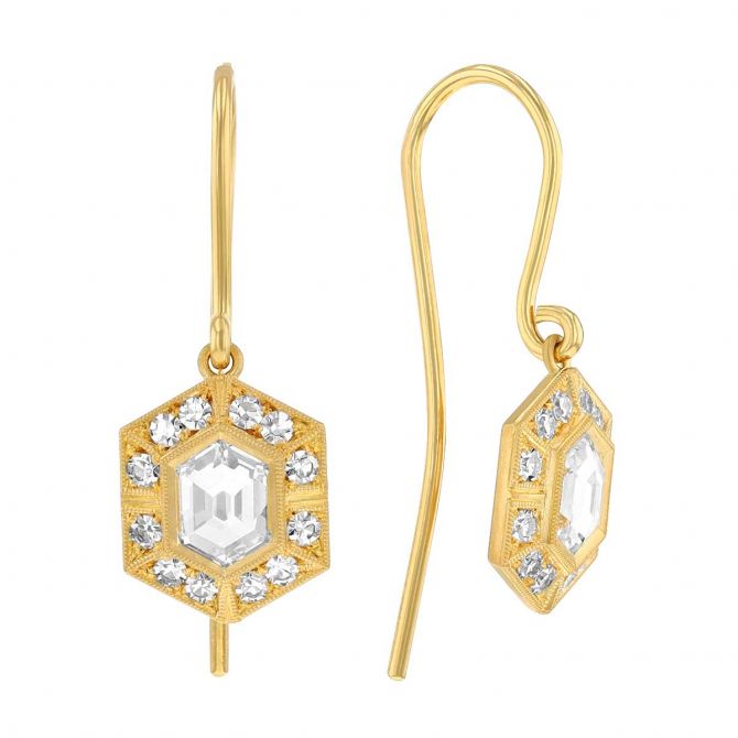 Erika Winters Agatha Hexagon Bezel Set Diamond & Halo Drop Earrings in Yellow Gold