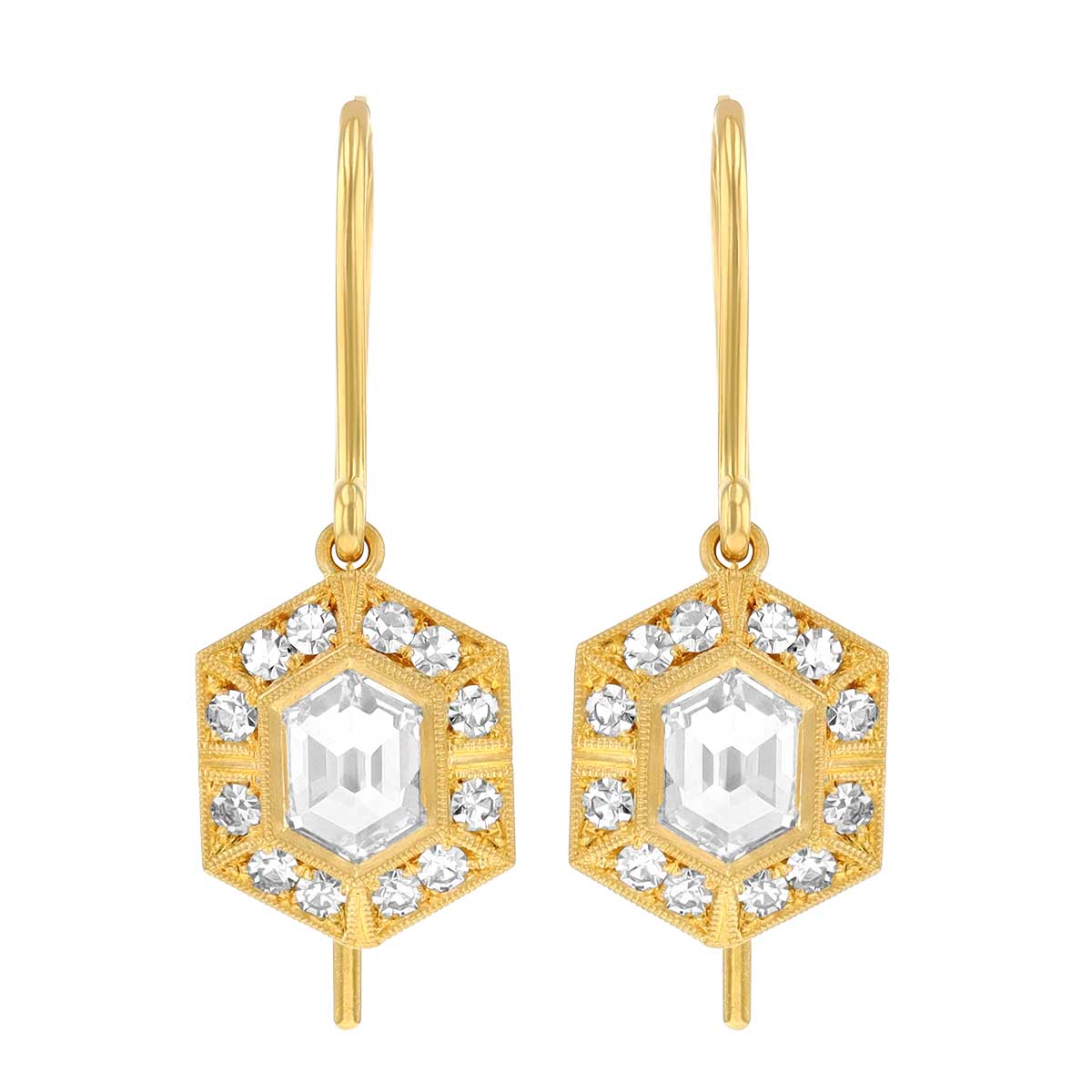 Erika Winters Agatha Hexagon Bezel Set Diamond & Halo Drop Earrings in Yellow Gold