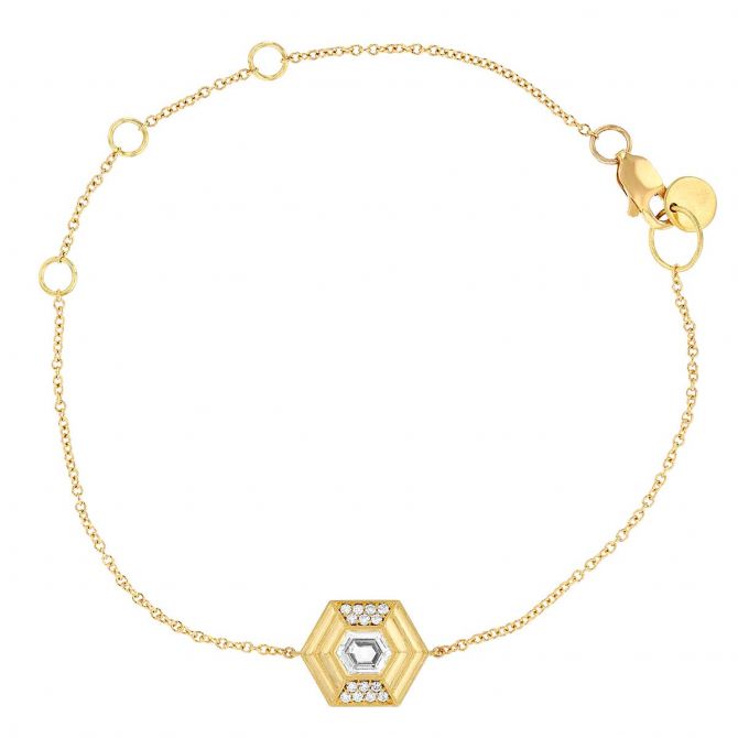 Erika Winters Livia Bezel Set Diamond Hexagon Bracelet in Yellow Gold, 7.5"