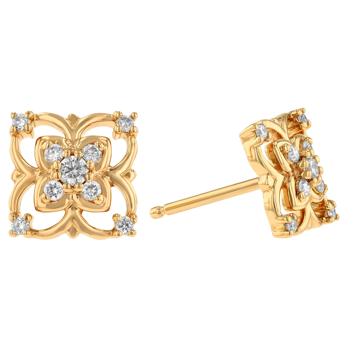 Diamond Double Floral Stud Earrings in Yellow Gold