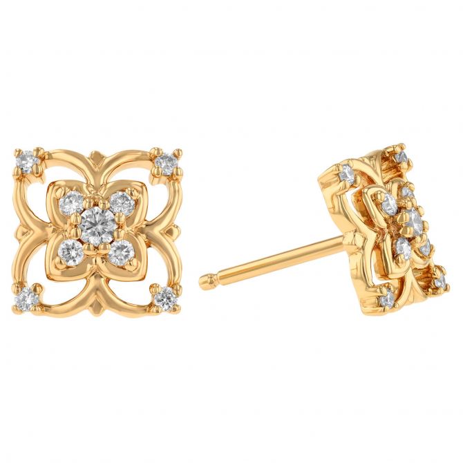 Diamond Double Floral Stud Earrings in Yellow Gold