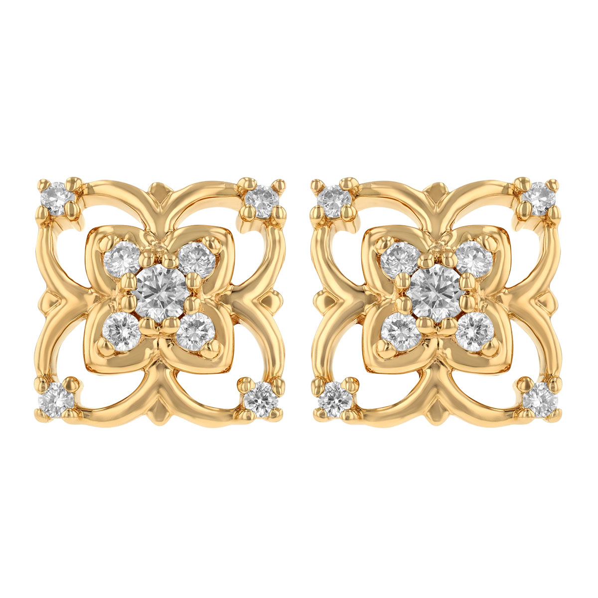 Diamond Double Floral Stud Earrings in Yellow Gold