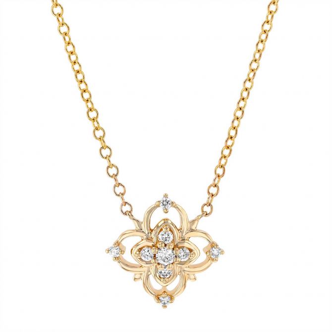 Diamond Double Flower Pendant in Yellow Gold, 18"
