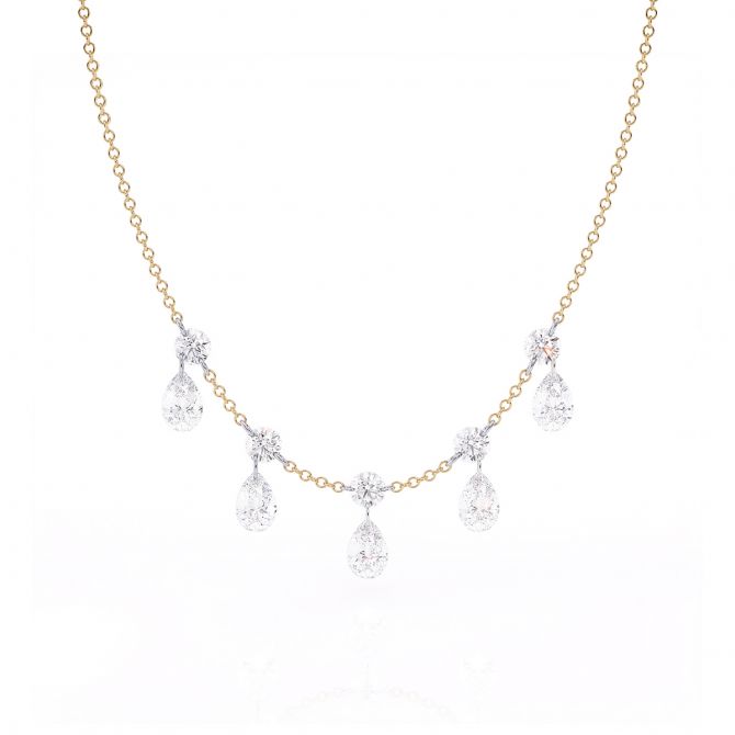 Aresa Round & Pear Shaped Diamond Fringe Quintet Necklace in Yellow Gold, 18"