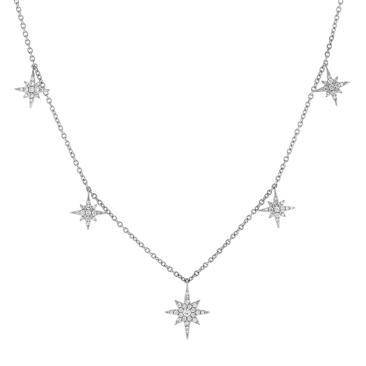 Diamond Pavé Starburst Dangle Station Necklace in White Gold, 16