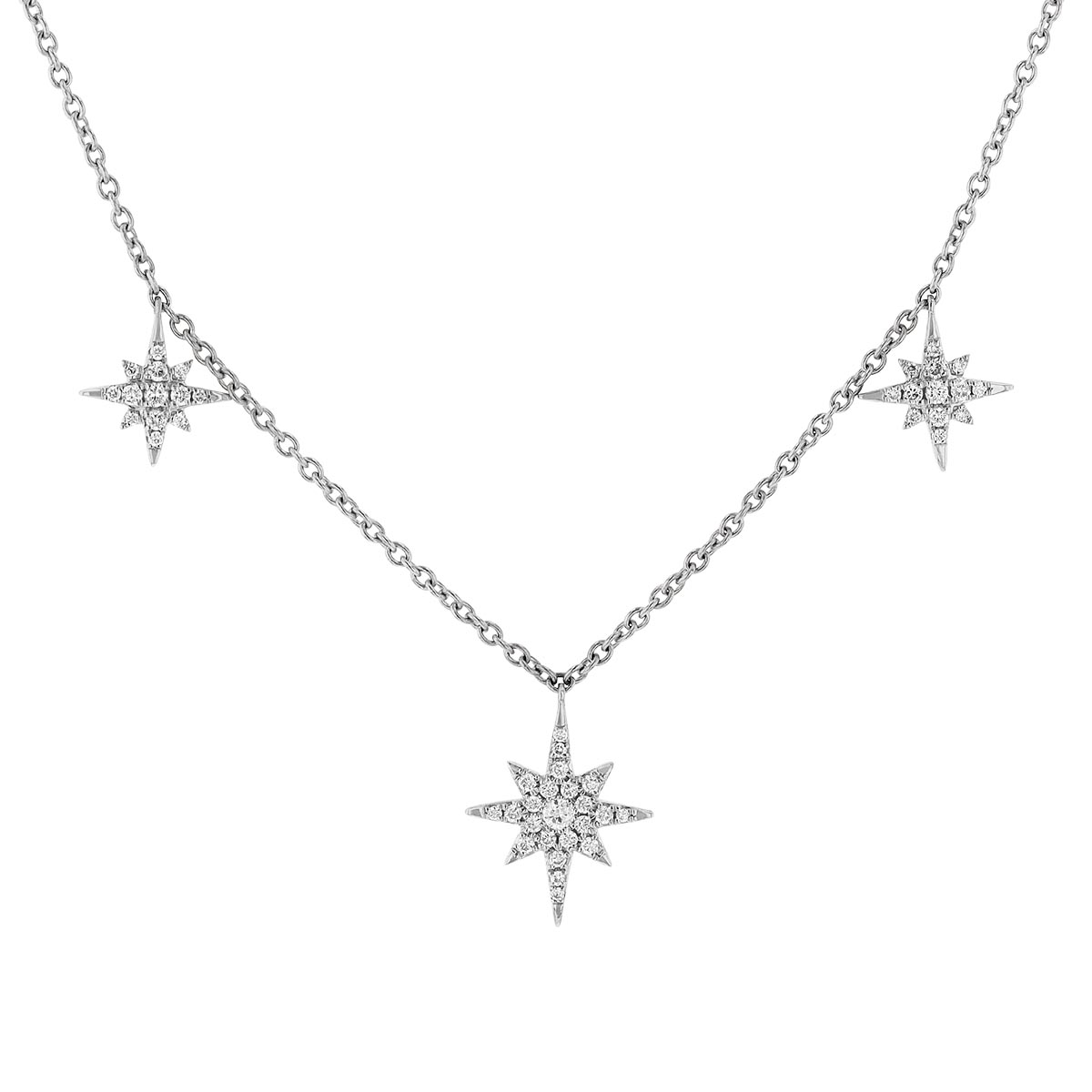 Diamond Pavé Starburst Dangle Station Necklace in White Gold, 16