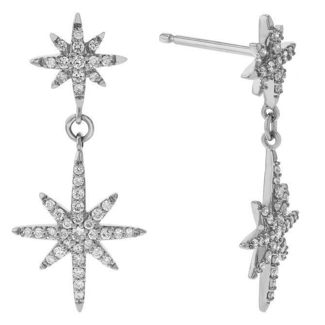 Diamond Pave Double Starburst Dangle Earrings in White Gold