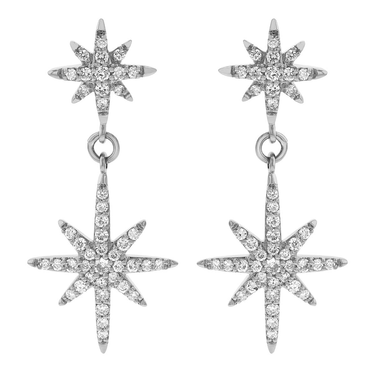 Diamond Pavé Double Starburst Dangle Earrings in White Gold