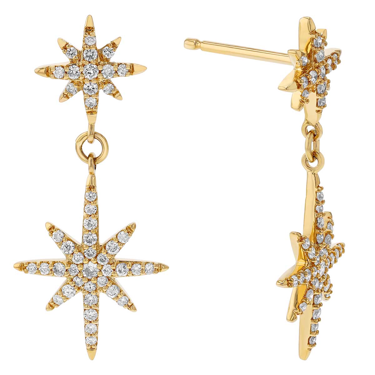Diamond Pavé Double Starburst Dangle Earrings in Yellow Gold