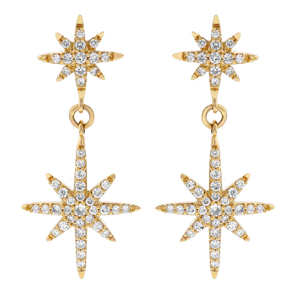 Diamond Pavé Double Starburst Dangle Earrings in Yellow Gold