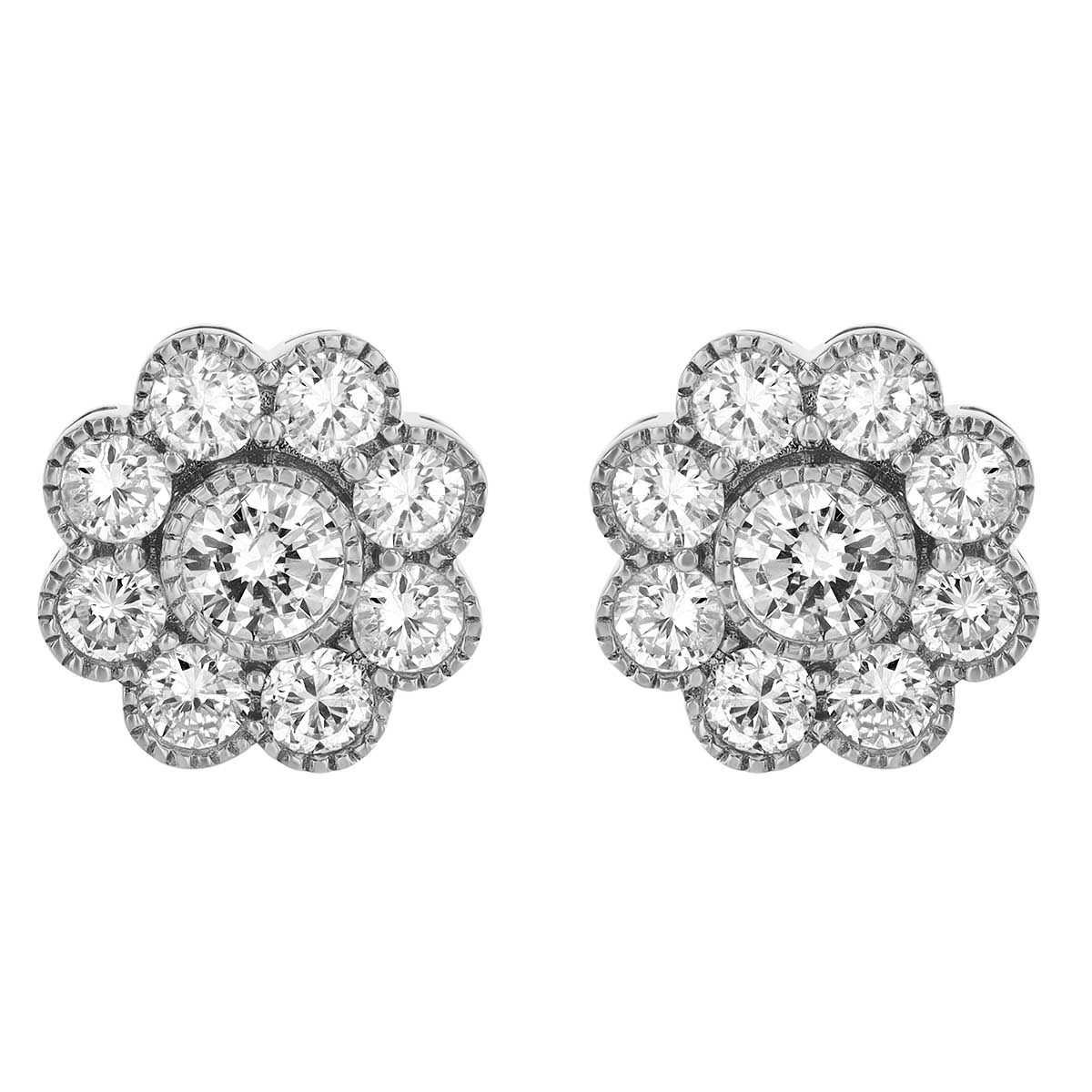 Diamond Floral Halo Milgrain Stud Earrings in White Gold