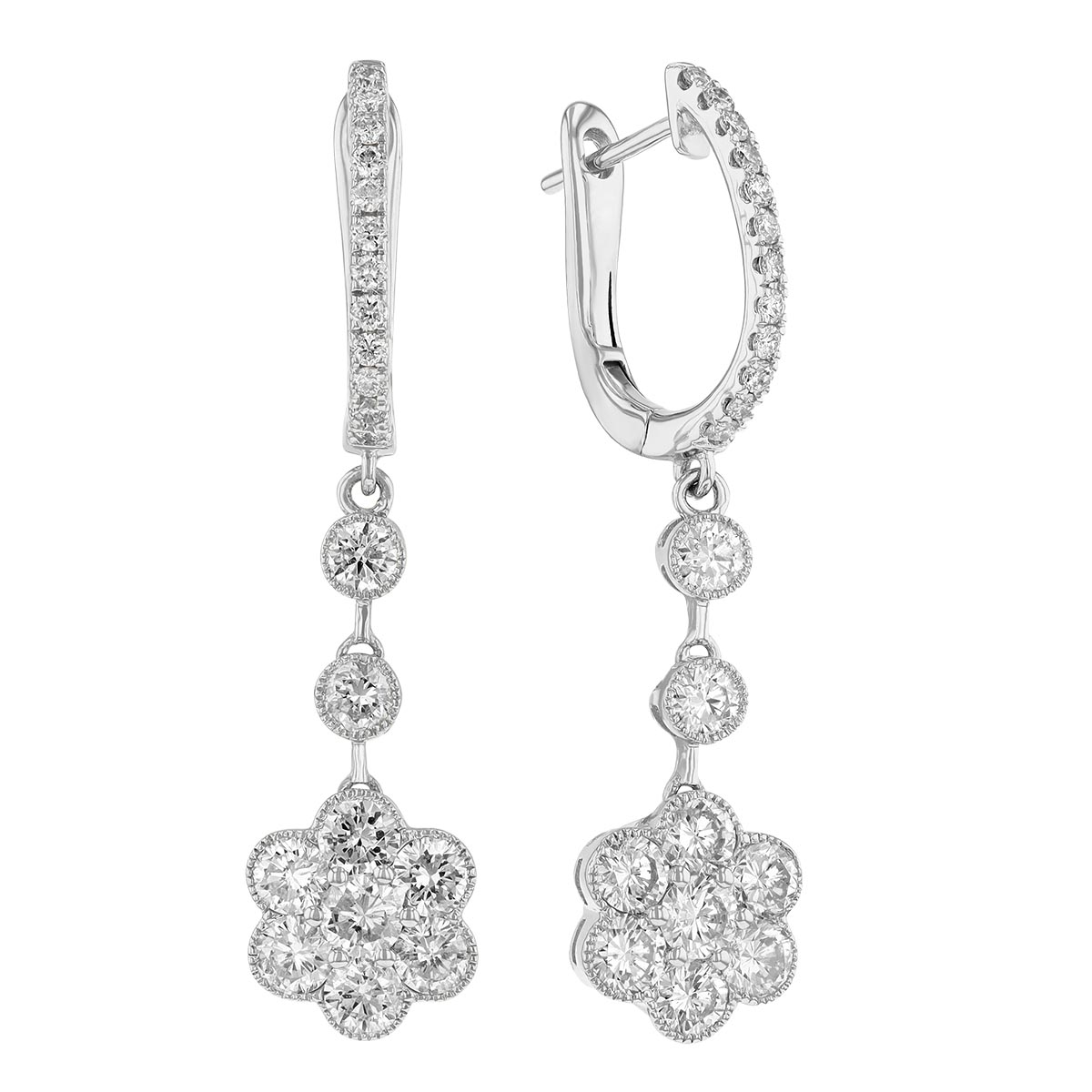 Diamond Flower Cluster Milgrain Dangle Earrings in White Gold Borsheims