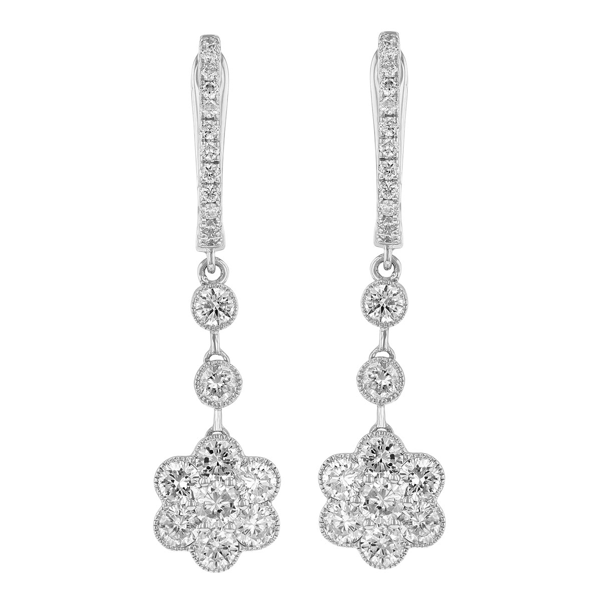 Diamond Flower Cluster Milgrain Dangle Earrings in White Gold