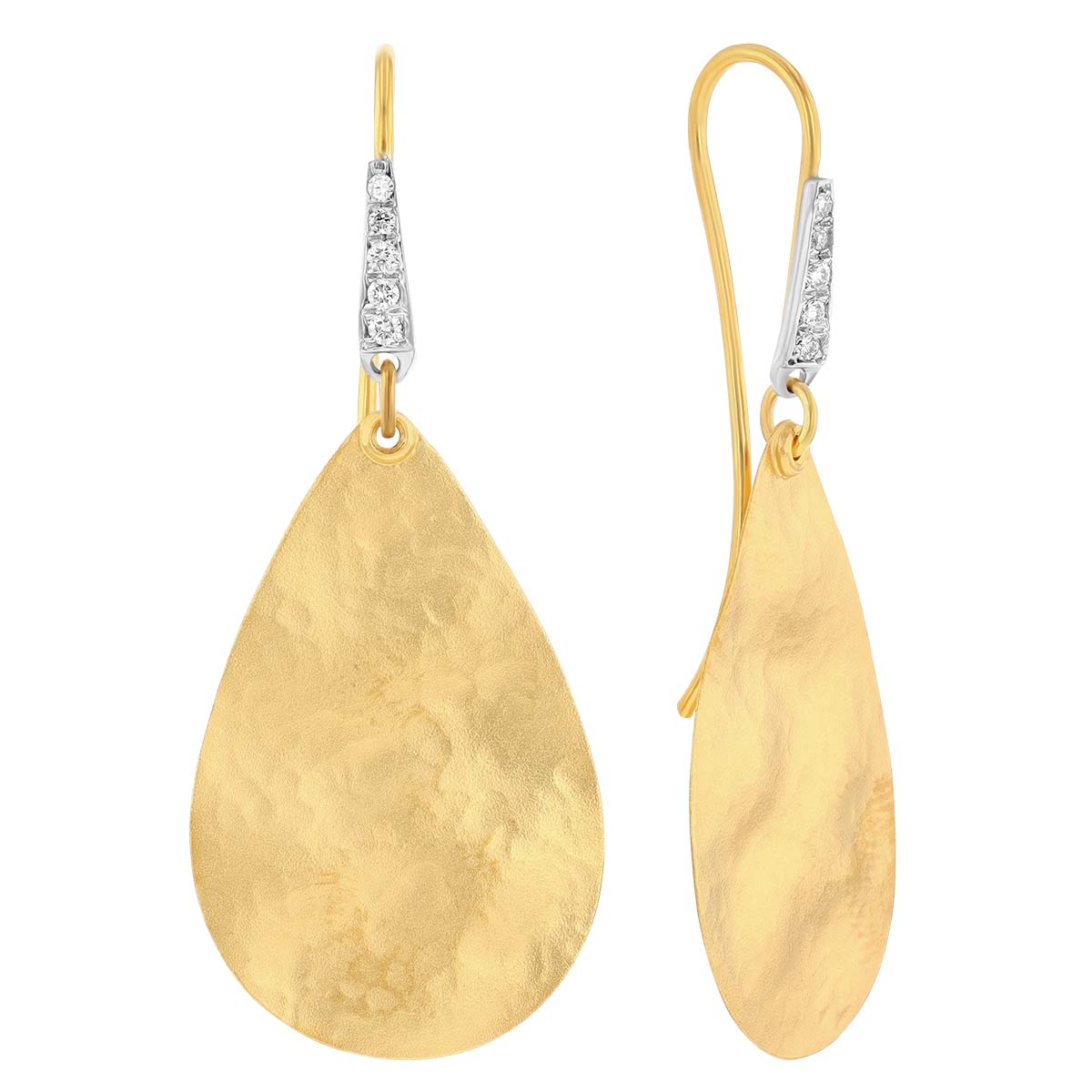 Marika Hammered Yellow Gold Pear Shaped Dangle Earrings with Diamond Accent