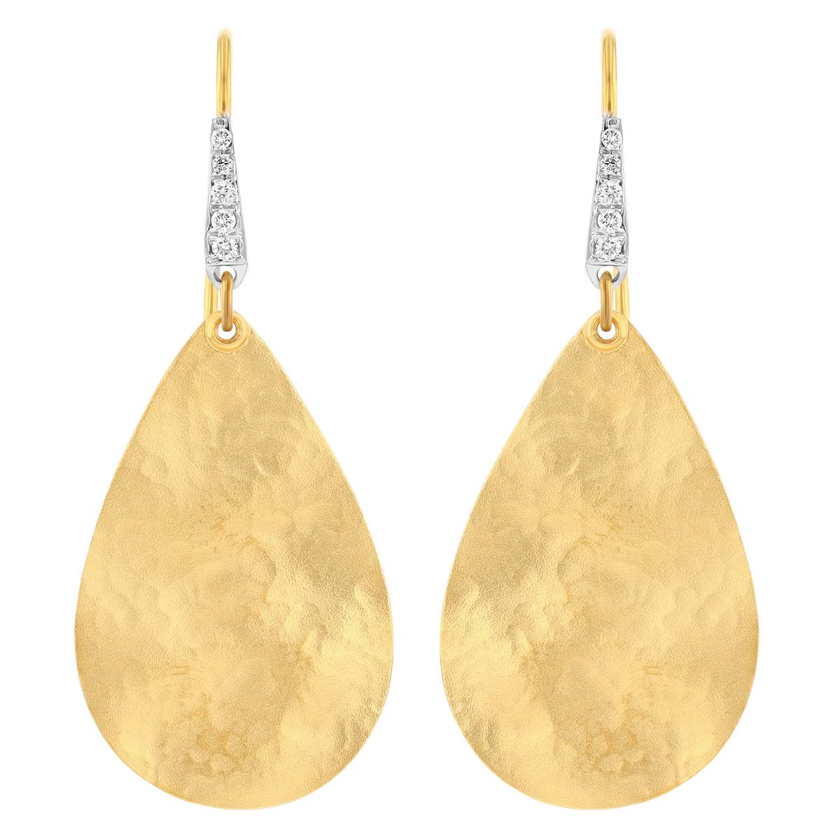 Marika Hammered Yellow Gold Pear Shaped Dangle Earrings with Diamond Accent