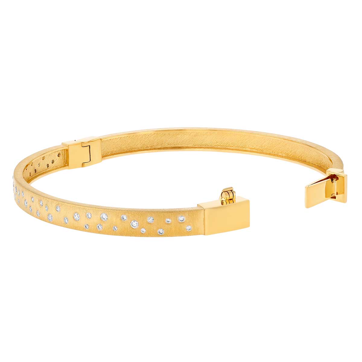 Marika Scattered Diamond Flush Set Hinged Bangle Bracelet in Yellow Gold
