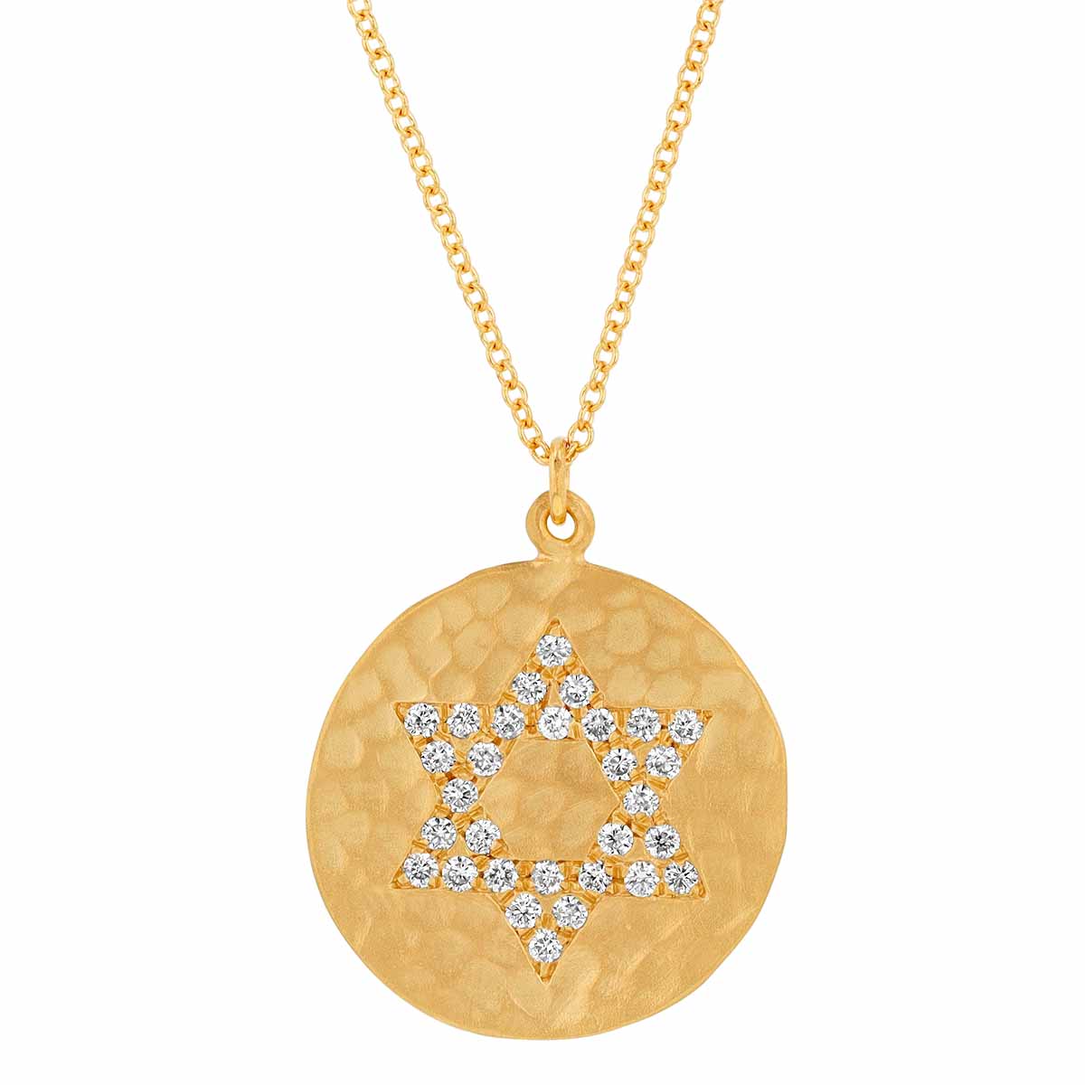 Marika Diamond Pavé Star of David Disc Pendant in Hammered Yellow Gold, 18