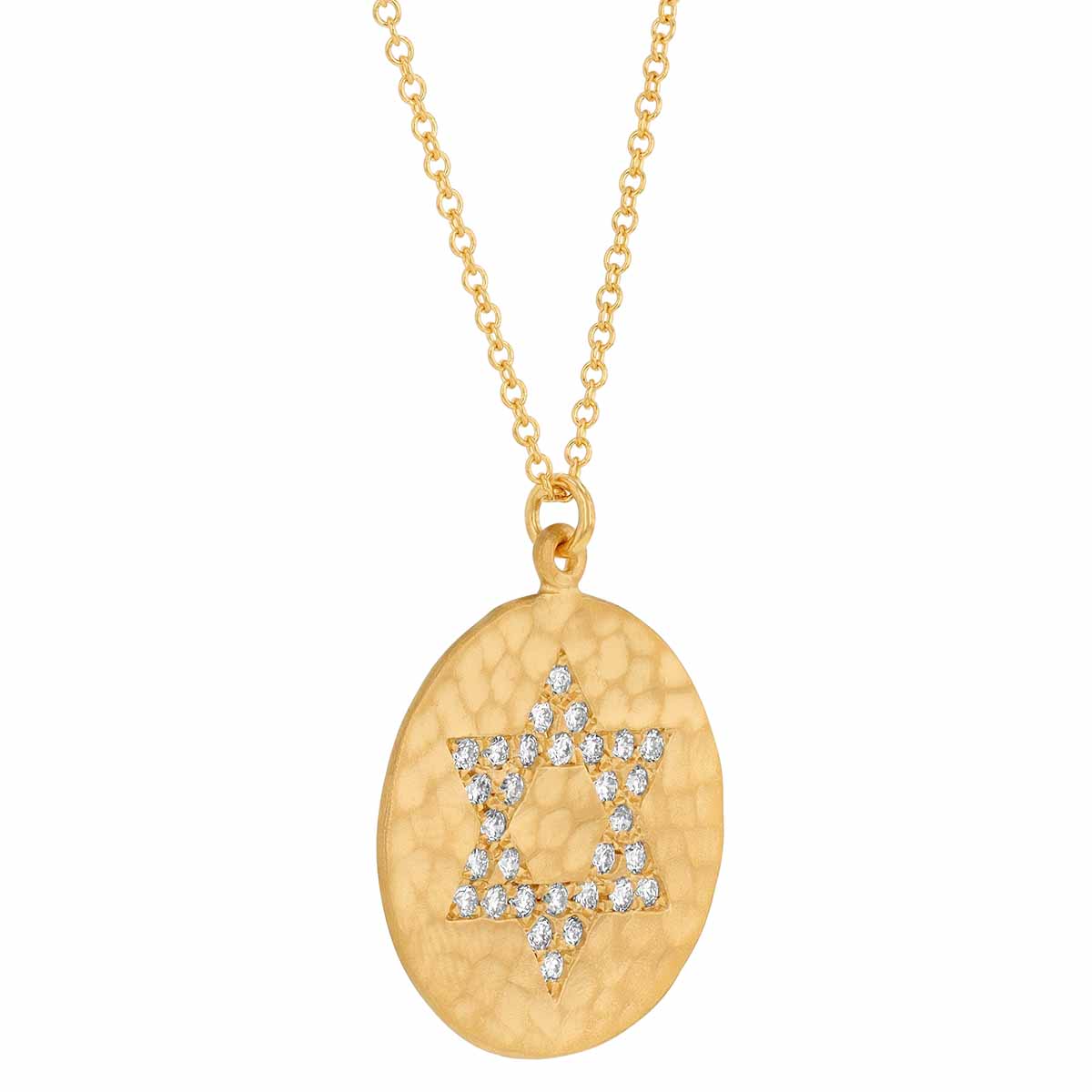 Marika Diamond Pavé Star of David Disc Pendant in Hammered Yellow Gold, 18