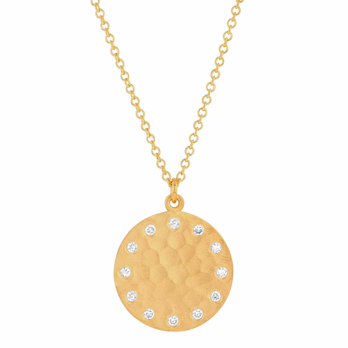 Marika Diamond Flush Set Outline Disc Pendant in Hammered Yellow Gold, 18