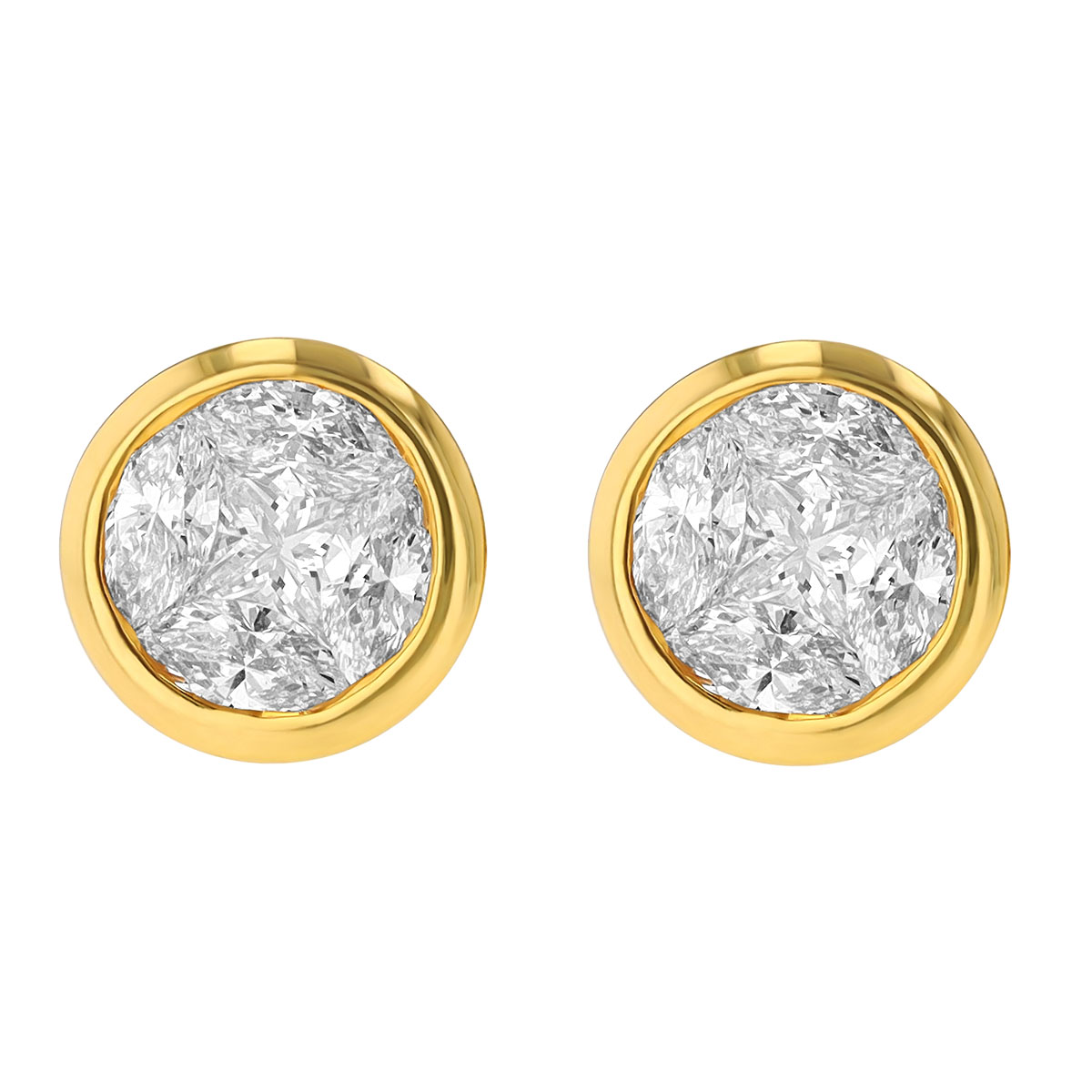 Diamond Mixed Shape Cluster Bezel Set Stud Earrings in Yellow Gold, 1.00 cttw