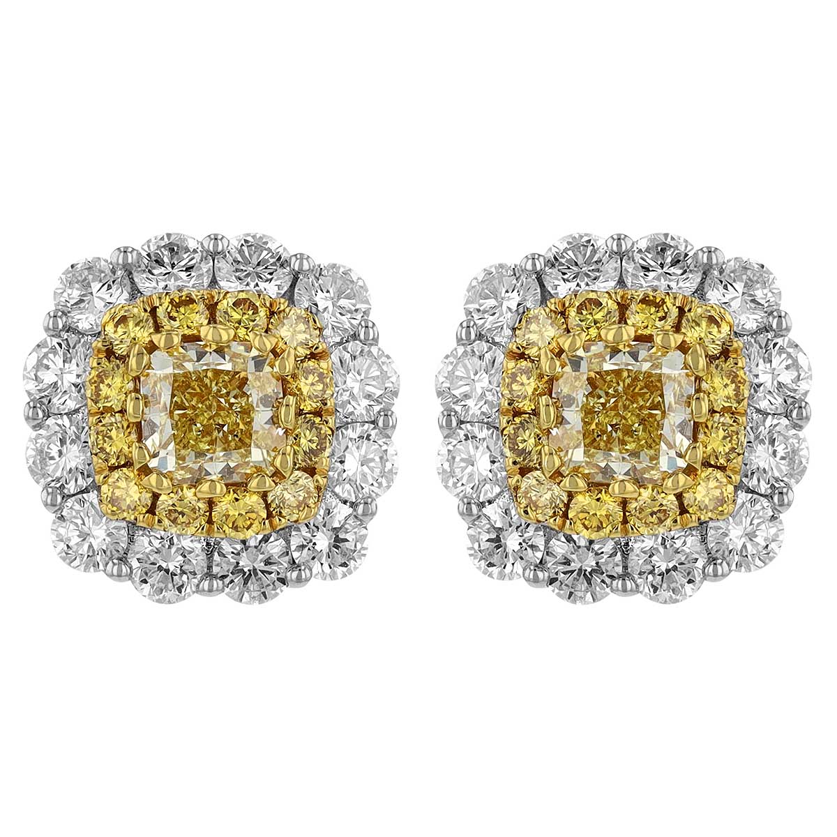 Mixed Shape Yellow Diamond Cluster & White Diamond Halo Stud Earrings in White Gold