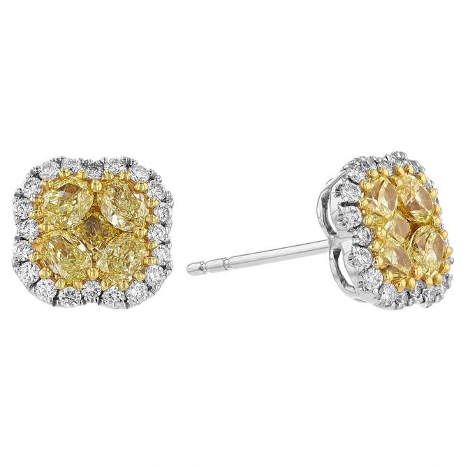 Oval Yellow Diamond Cluster & White Diamond Halo Stud Earrings in White Gold