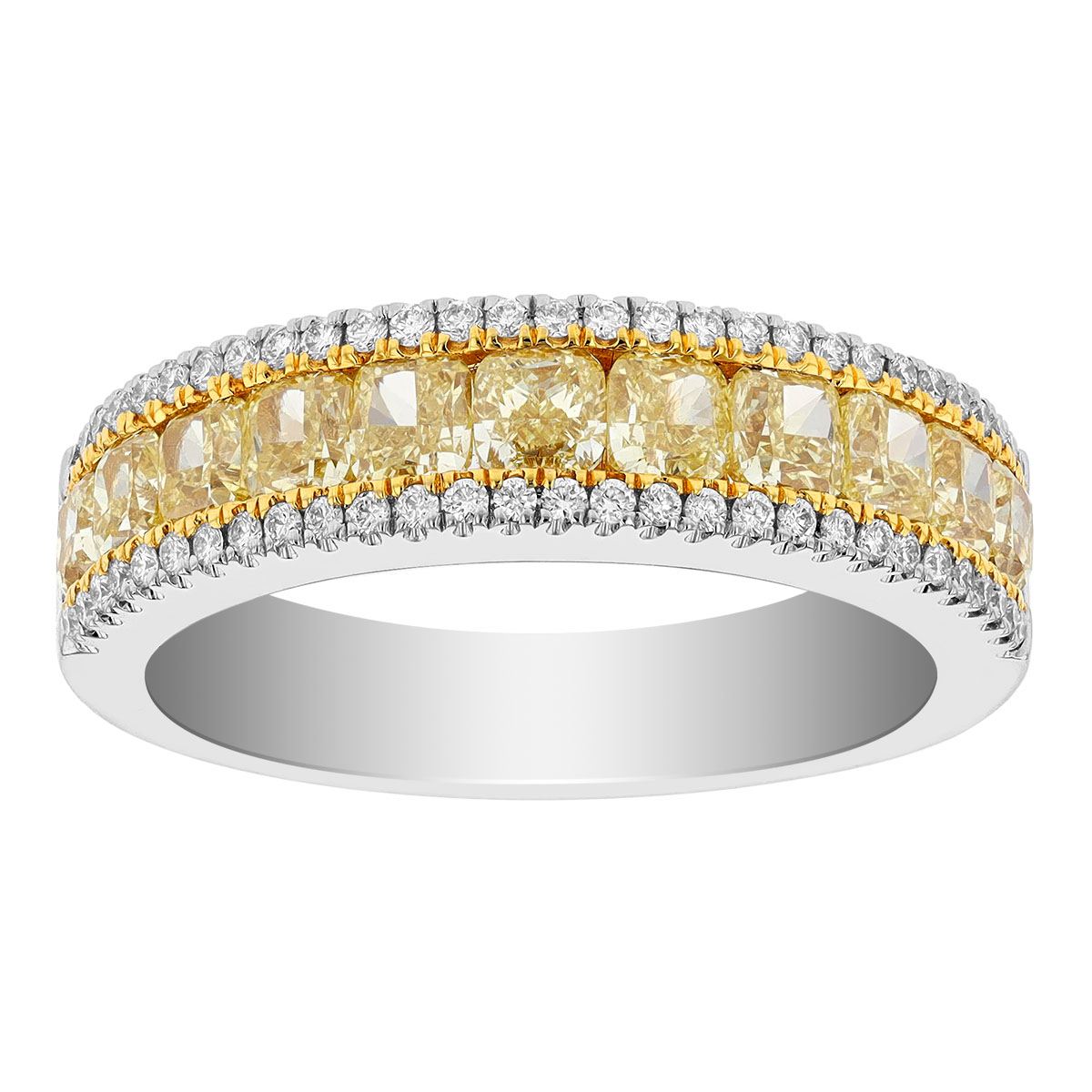 Cushion Fancy Yellow & Round White Diamond 3 Row Ring in White & Yellow Gold