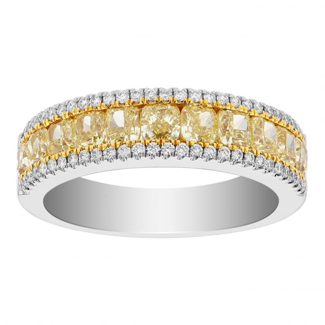 Cushion Fancy Yellow & Round White Diamond 3 Row Ring in White & Yellow Gold