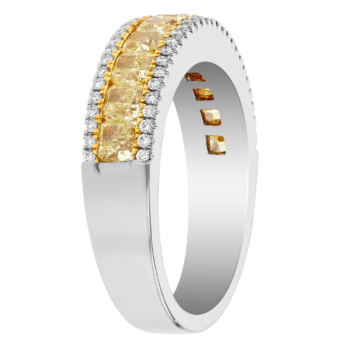 Cushion Fancy Yellow & Round White Diamond 3 Row Ring in White & Yellow Gold