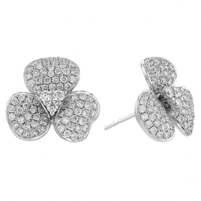 Diamond Pave 3 Petal Flower Stud Earrings in White Gold