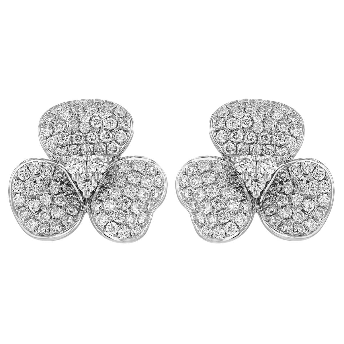 Diamond Pave 3 Petal Flower Stud Earrings in White Gold