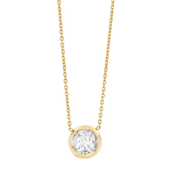 Bezel Set Mixed Shaped Diamond Cluster Pendant in Yellow Gold, 18", 0.55 ct