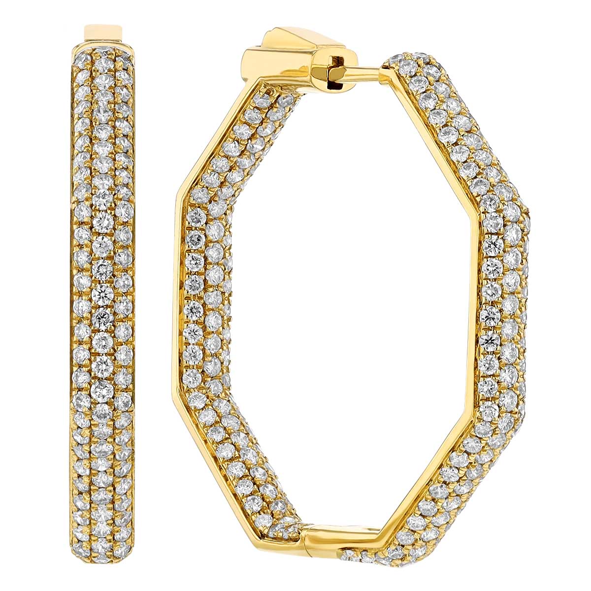 Diamond Pave Inside Out Octagon Hoop Earrings in Yellow Gold