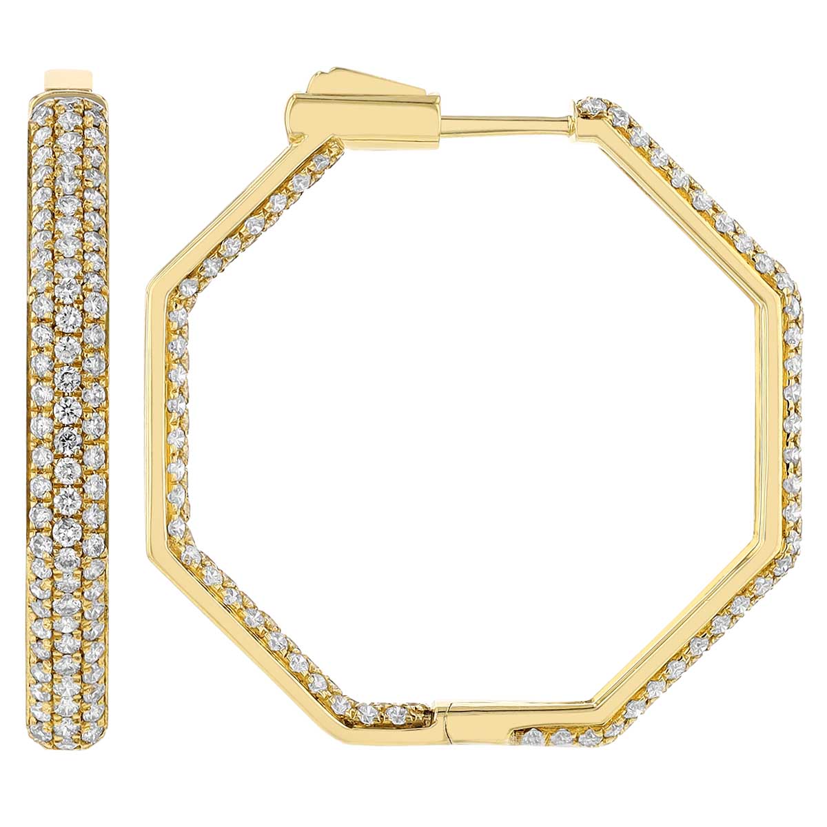 Diamond Pave Inside Out Octagon Hoop Earrings in Yellow Gold