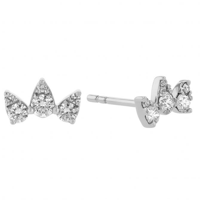 Diamond 3 Point Crown Stud Earrings in White Gold