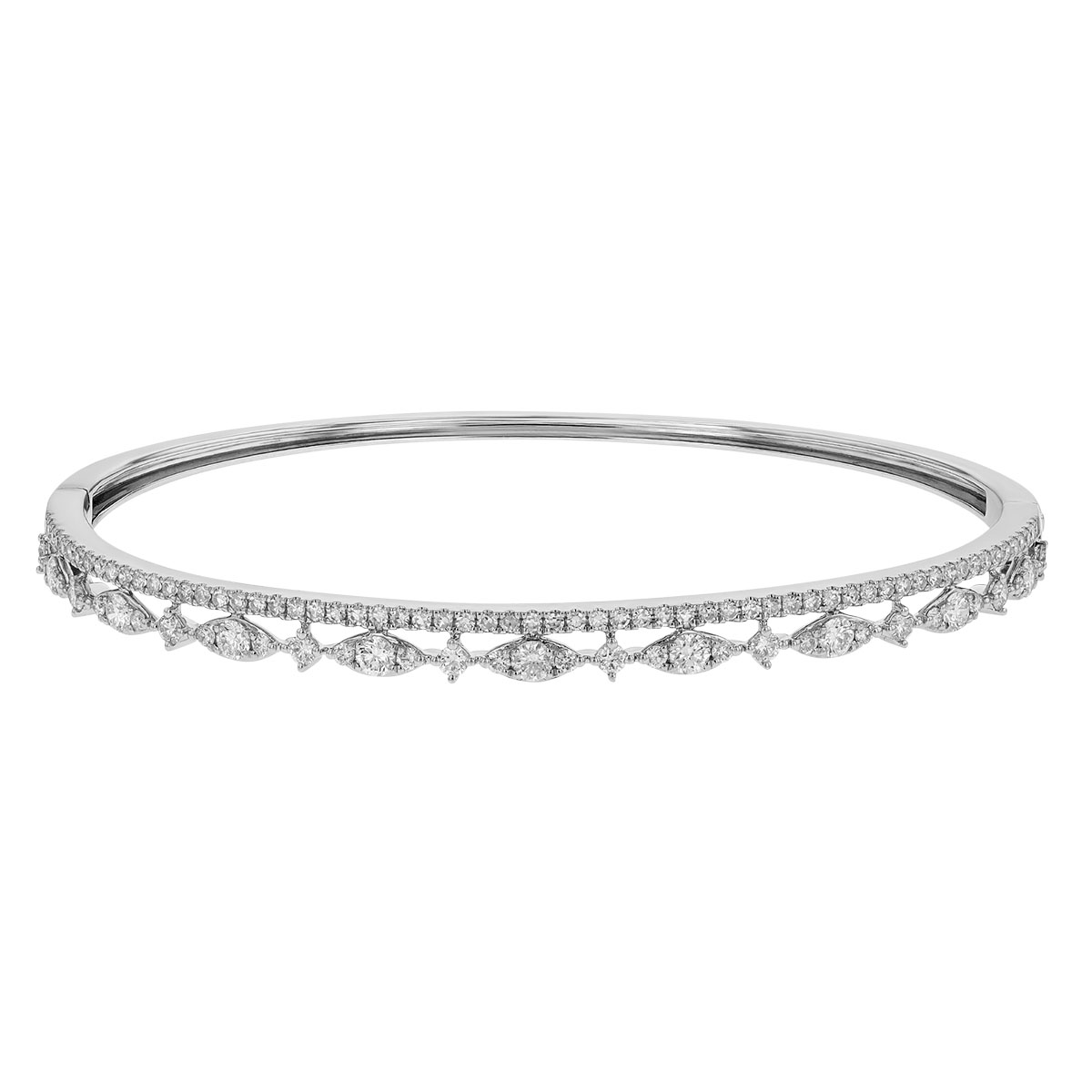 Diamond Marquise Shape Cluster & Pavé Row Hinged Bangle Bracelet in White Gold