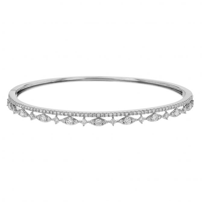 Diamond Marquise Shape Cluster & Pavé Row Hinged Bangle Bracelet in White Gold