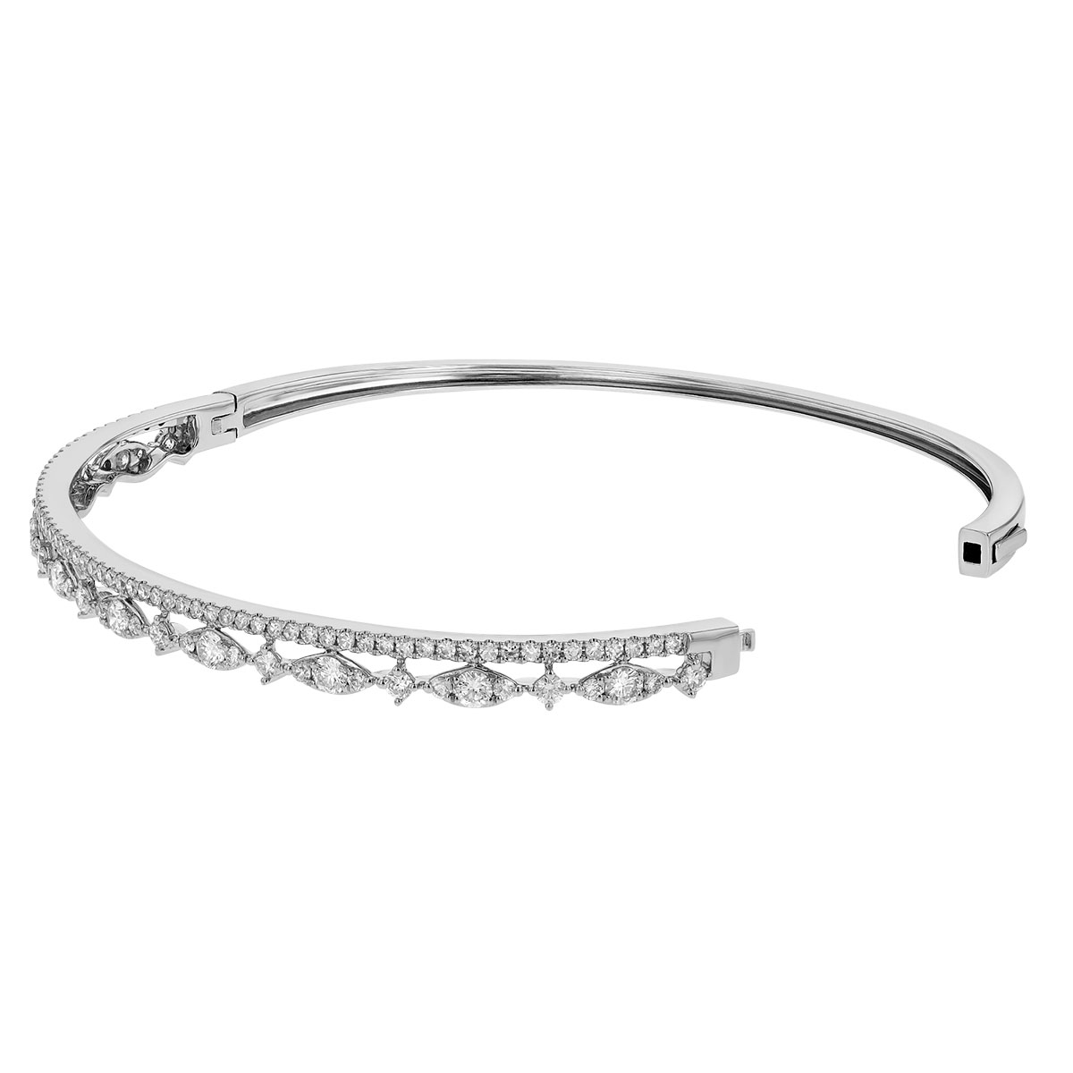 Diamond Marquise Shape Cluster & Pavé Row Hinged Bangle Bracelet in White Gold