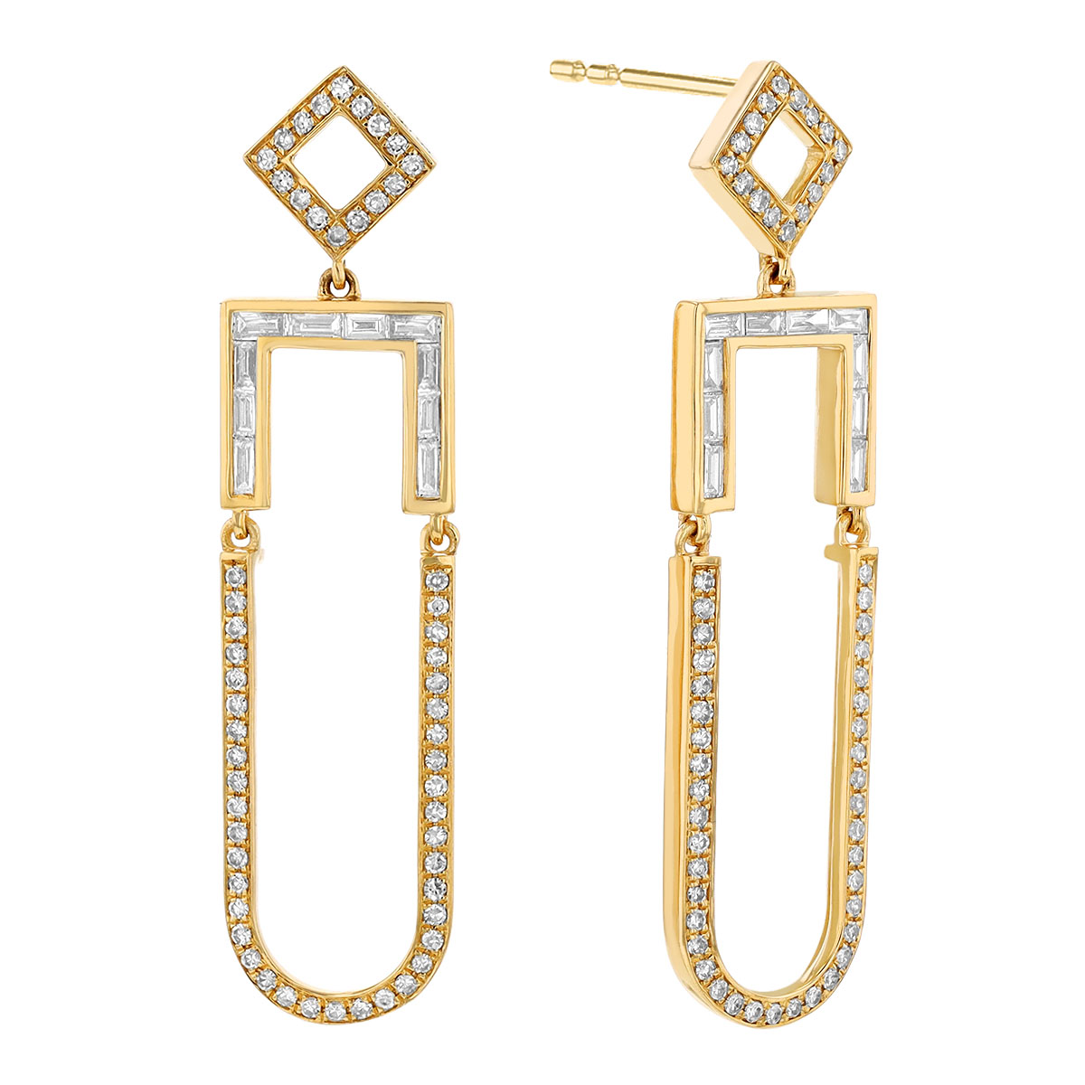 Baguette & Round Diamond U-Shaped Dangle Earrings in Yellow Gold