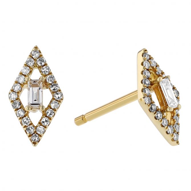 Baguette Diamond & Pointed Navette Halo Stud Earrings in Yellow Gold