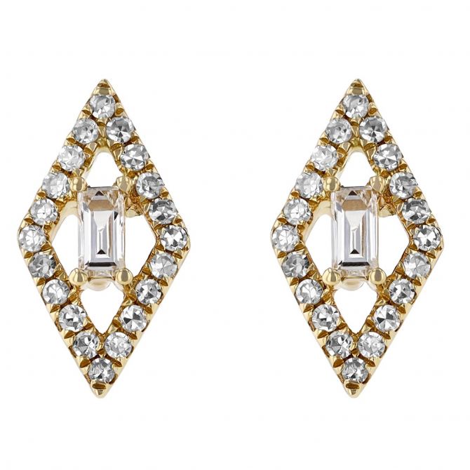 Baguette Diamond Pointed Navette Halo Stud Earrings in Yellow