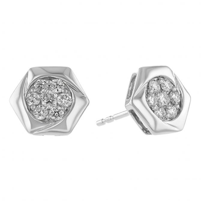 Diamond Pavé Cluster Hexagon Stud Earrings in White Gold