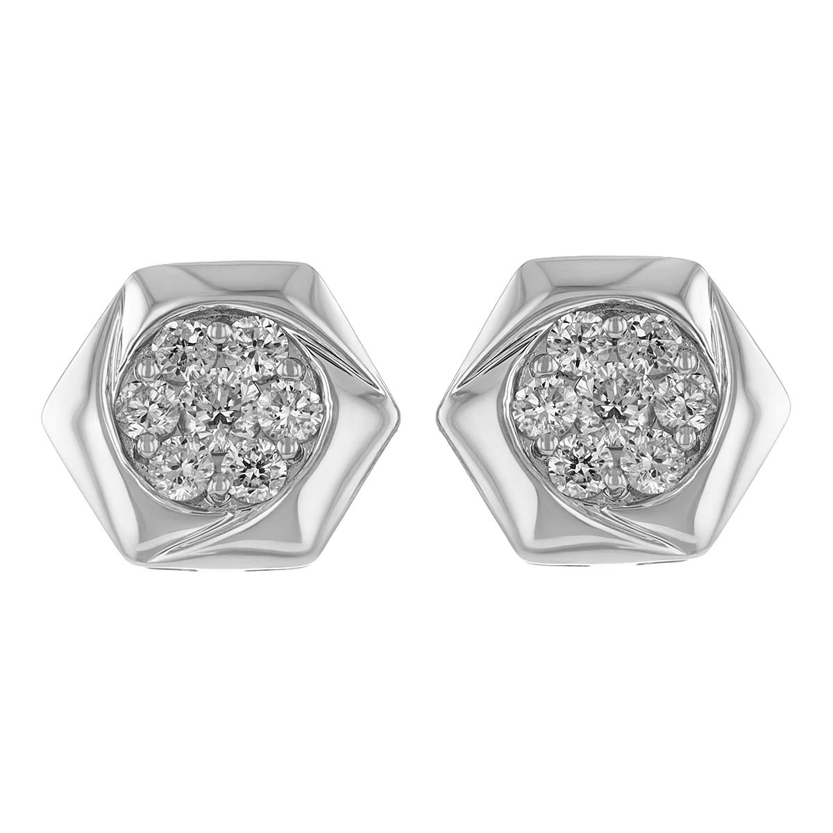 Diamond Pavé Cluster Hexagon Stud Earrings in White Gold