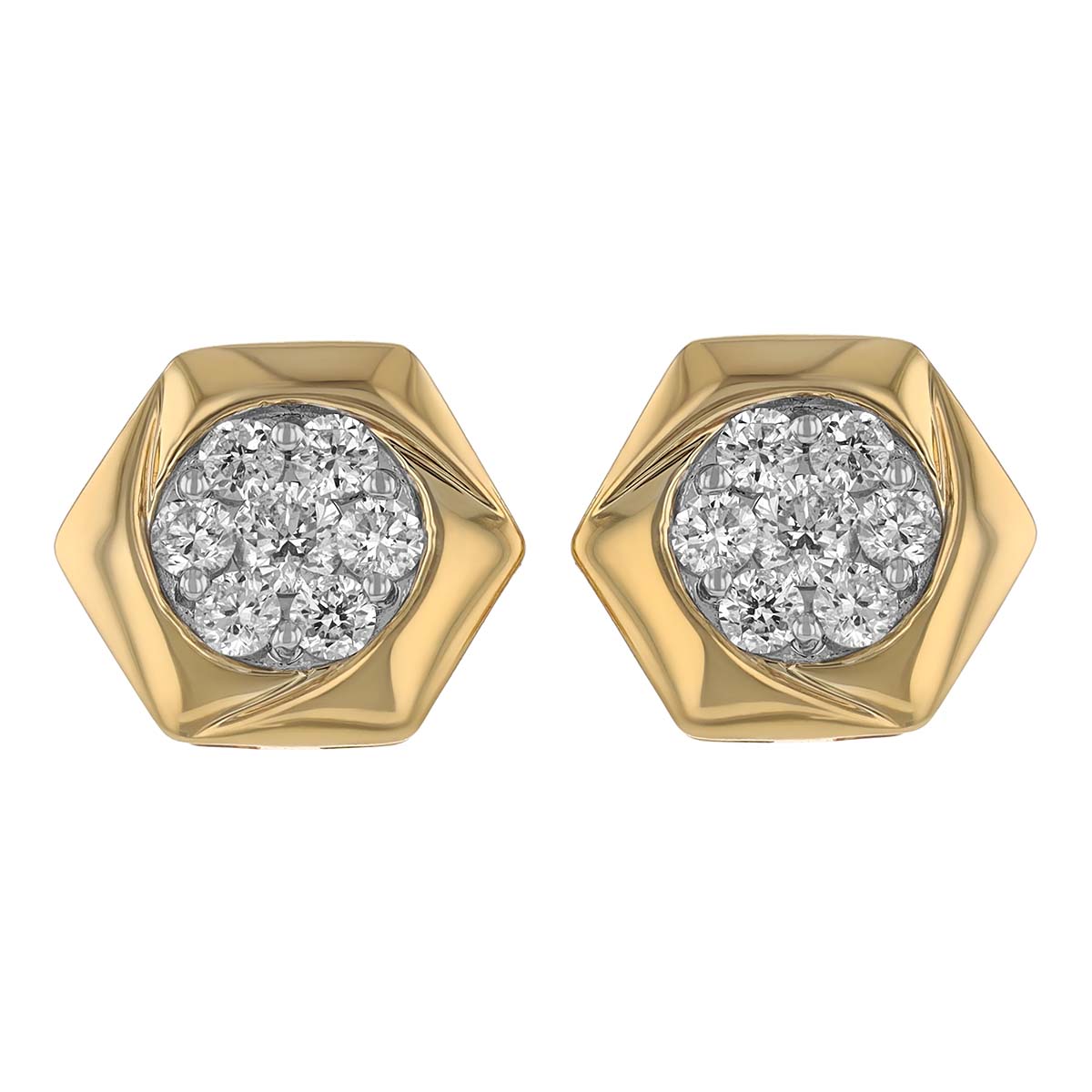 Diamond Pavé Cluster Hexagon Stud Earrings in Yellow Gold