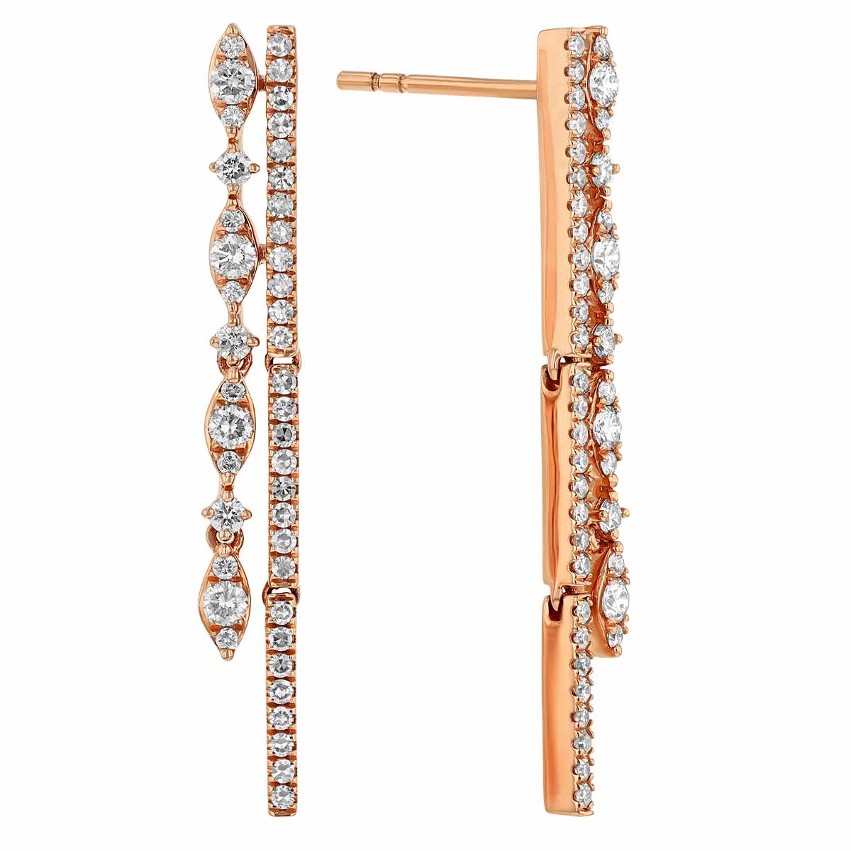 Diamond Vertical Bar & Marquise Pattern Double Drop Earrings in Rose Gold